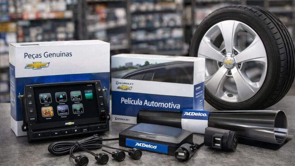 Central multimídia original, sensores de estacionamento, película automotiva e roda original do Chevrolet Onix 2015 organizados sobre mesa.