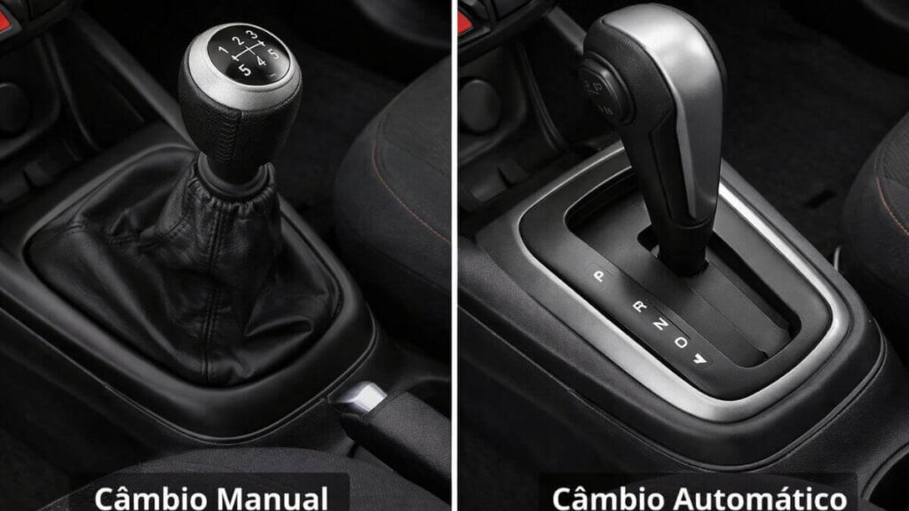 Comparação entre câmbio manual e câmbio automático do Chevrolet Onix 2015 lado a lado no interior do veículo.