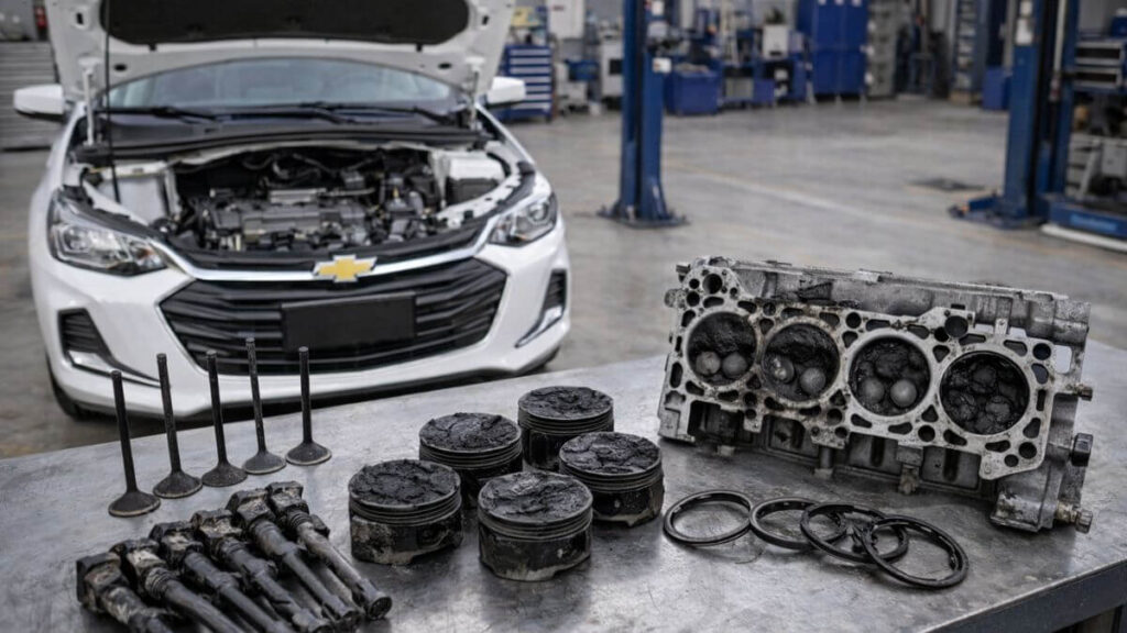 Peças internas do motor do Chevrolet Onix carbonizadas após combustão incompleta