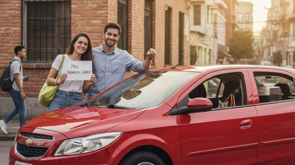 Um jovem casal sorridente ao lado de um Chevrolet Onix vermelho de 2012 em uma rua urbana. A mulher segura uma placa escrita 'Meu Primeiro Carro!', simbolizando a realização de um sonho e a escolha de um veículo confiável.