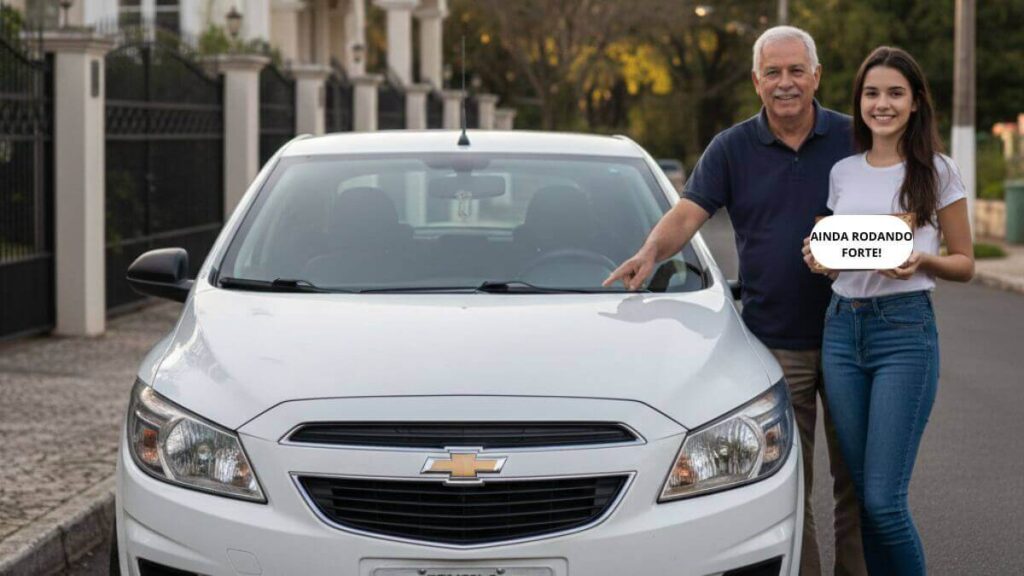 Um Chevrolet Onix 2012 branco bem conservado com uma placa frontal indicando 285.000 km rodados. Ao lado, um senhor e uma jovem sorriem, simbolizando a durabilidade do carro que passa por gerações da família.