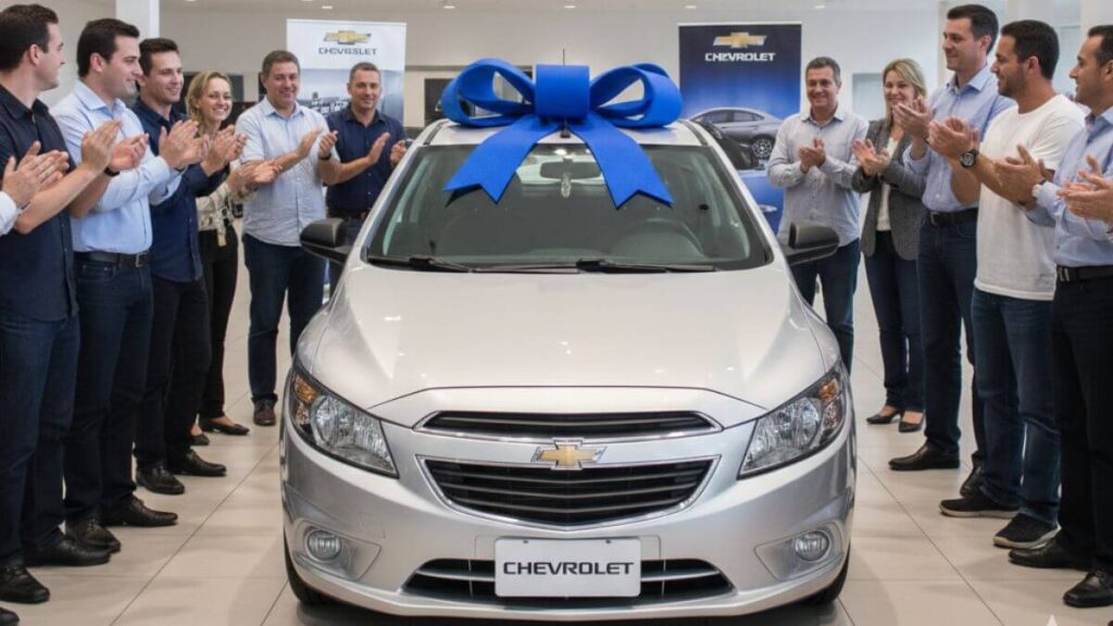 Um Chevrolet Onix prata em destaque no centro de uma concessionária iluminada, com um grande laço azul de presente no teto. Duas fileiras de pessoas bem vestidas estão ao redor do carro aplaudindo. No topo da imagem, um letreiro branco com texto preto diz: 'CHEVROLET ONIX 2015 SIMPLES E BOM!'.