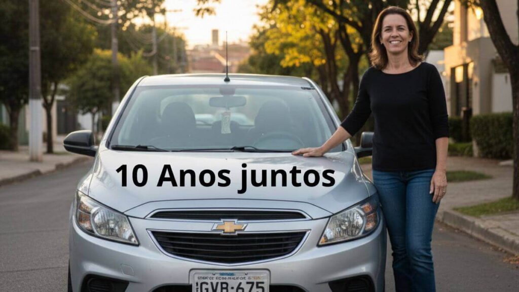 "Uma mulher sorridente em pé ao lado de um Chevrolet Onix prata 2015 em uma rua residencial ao entardecer. Ela tem a mão apoiada no capô do carro. No topo da imagem, há uma faixa preta com o texto branco: '10 ANOS JUNTOS'. A cena transmite uma sensação de cuidado e durabilidade.