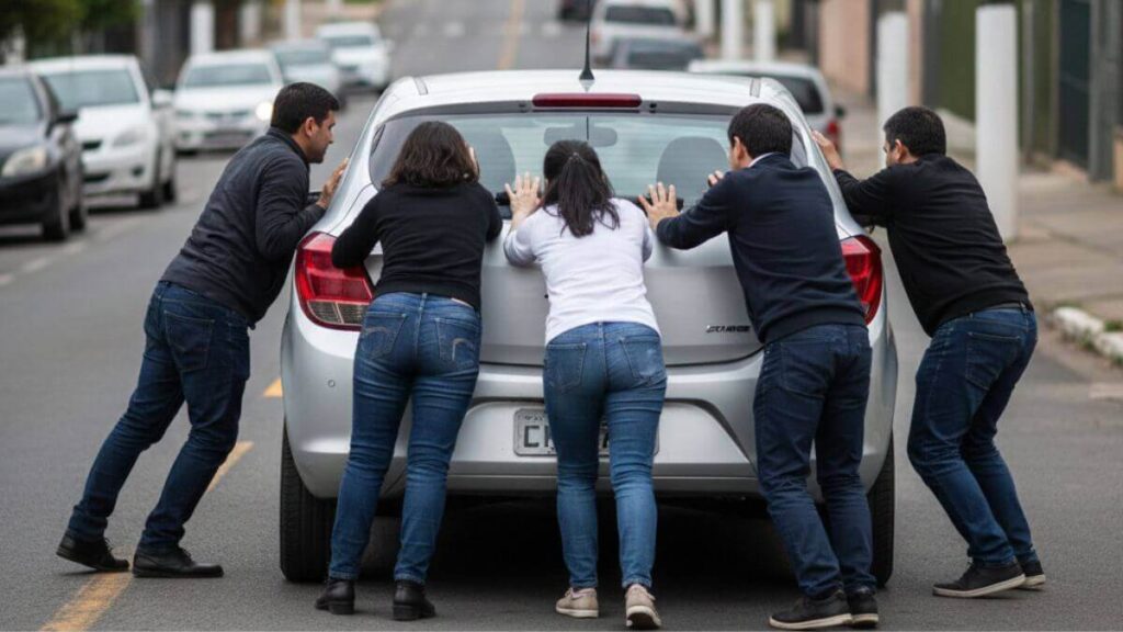 Vista traseira de um Chevrolet Onix prata parado em uma rua urbana. Cinco pessoas estão posicionadas atrás do veículo, inclinadas e fazendo força para empurrá-lo, indicando uma falha mecânica ou de ignição onde o carro não liga sozinho.