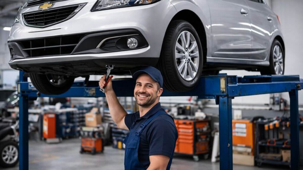 Chevrolet Onix 2015 em oficina mecânica durante revisão e manutenção preventiva com mecânico realizando inspeção