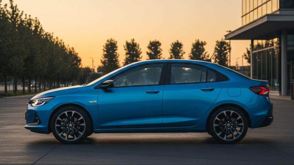 Vista lateral de um Chevrolet Onix modelo 2026 na cor azul metálica, estacionado em um pátio moderno durante o pôr do sol. O carro apresenta design aerodinâmico e rodas de liga leve esportivas.