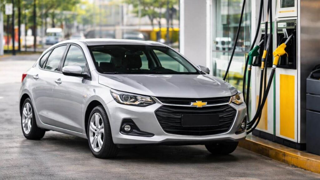 Chevrolet Onix sendo abastecido por frentista com bocal do tanque na lateral traseira direita