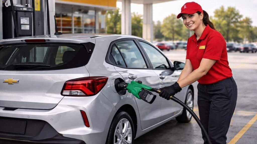 Chevrolet Onix sendo abastecido por frentista em posto de combustível durante uso urbano