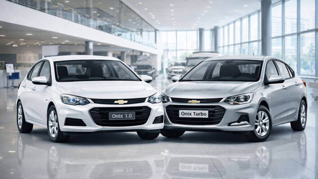 Comparação entre Chevrolet Onix 1.0 aspirado e Onix Turbo em loja automotiva, destacando diferenças de IPVA entre as versões