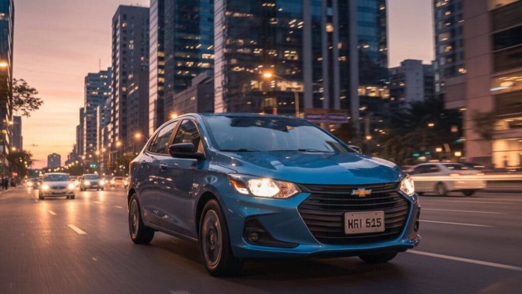 Chevrolet Onix azul em movimento por uma avenida urbana ao entardecer, com prédios modernos ao fundo, ilustrando o uso do veículo em trajetos urbanos para atingir a temperatura ideal do motor.