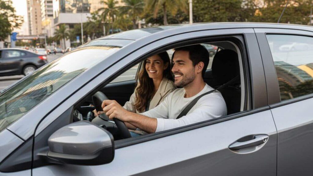 Chevrolet Onix cinza moderno em uma avenida urbana com prédios ao fundo. Um homem jovem dirige sorridente enquanto sua namorada o acompanha no banco do passageiro, também feliz.