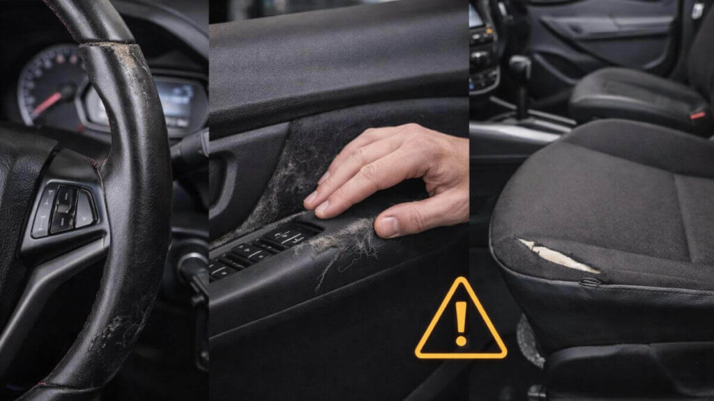 Desgaste nos revestimentos internos do Chevrolet Onix mostrando volante, porta e banco com sinais de uso