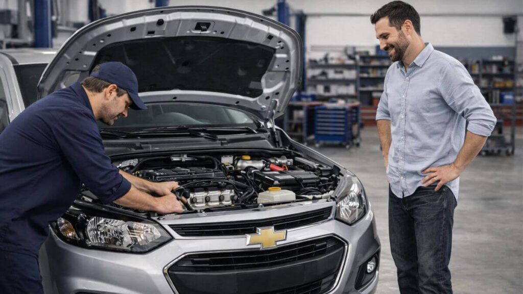 Chevrolet Onix com capô aberto em oficina enquanto mecânico ajusta o motor e proprietário observa satisfeito após identificar o problema