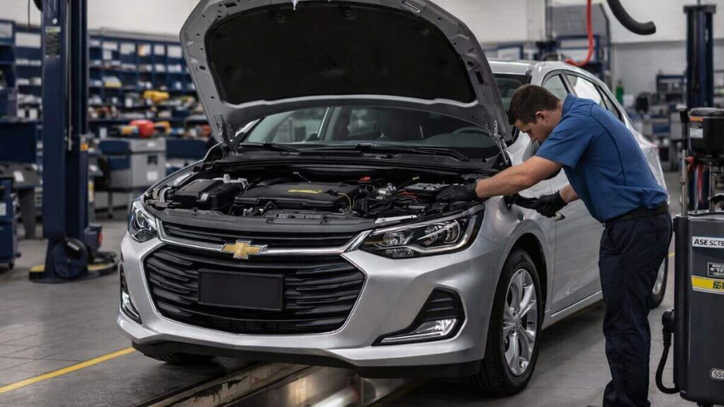 Chevrolet Onix passando por manutenção preventiva em oficina mecânica especializada