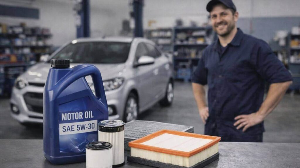 Itens de manutenção preventiva do Chevrolet Onix sobre bancada com óleo do motor e filtros em oficina limpa