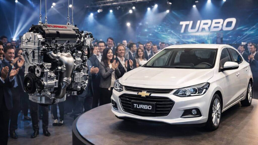 Motor turbo do Chevrolet Onix suspenso em salão de lançamento ao lado do Onix turbo, com público aplaudindo a chegada da nova tecnologia