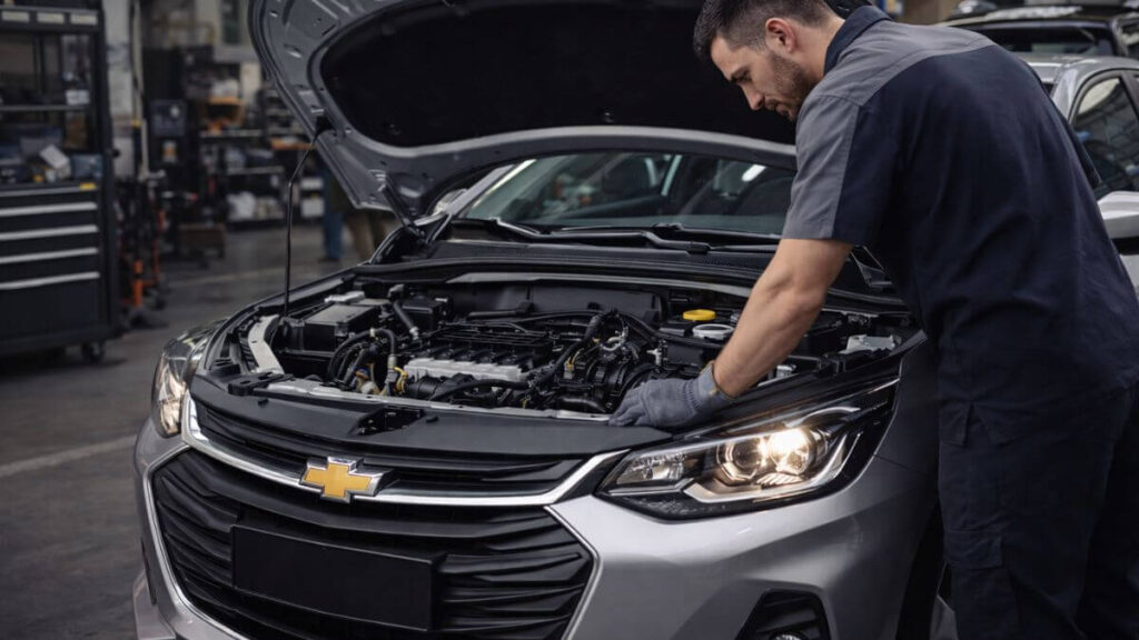Chevrolet Onix em oficina com mecânico analisando o motor com capô aberto