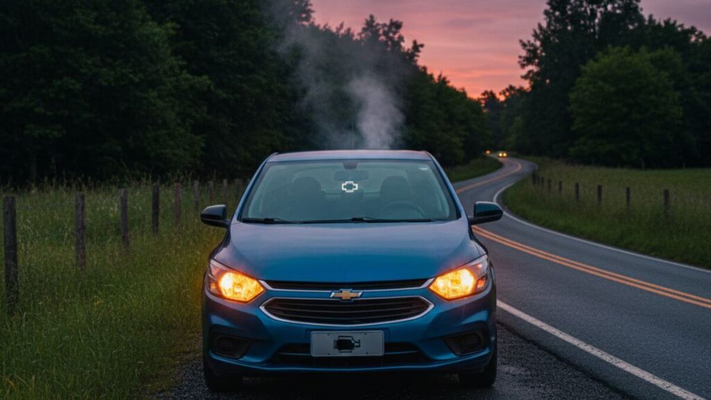 Um Chevrolet Onix azul estacionado no acostamento de uma estrada rural ao entardecer, com o pisca-alerta ligado e um leve sinal de fumaça saindo do capô, simbolizando uma parada de emergência.