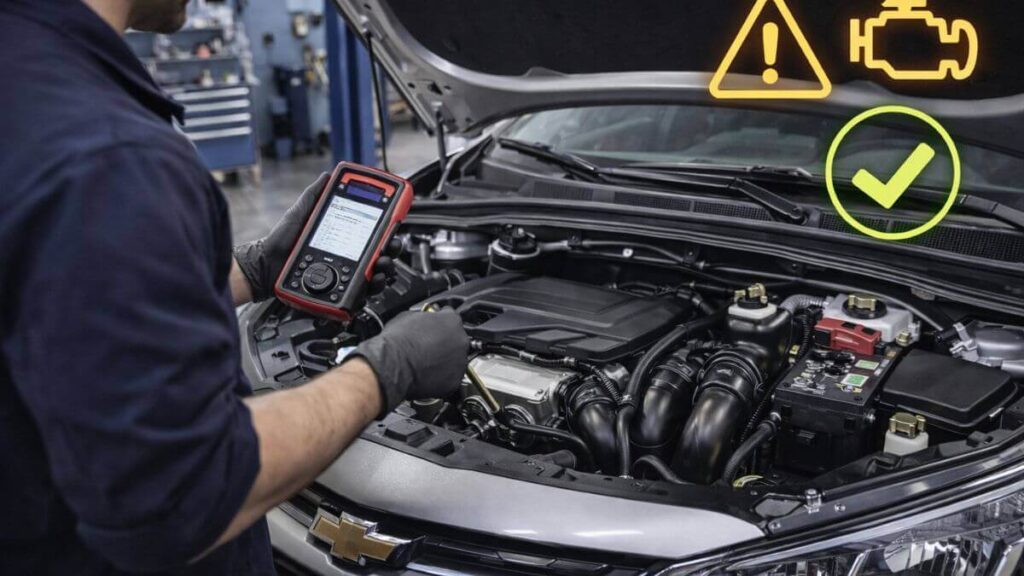 Chevrolet Onix em oficina durante diagnóstico preventivo com scanner automotivo e verificação do motor