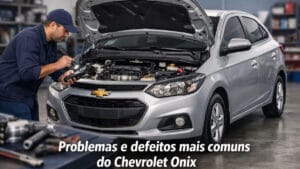 Chevrolet Onix com capô aberto sendo analisado por mecânico mostrando problemas e defeitos comuns do veículo