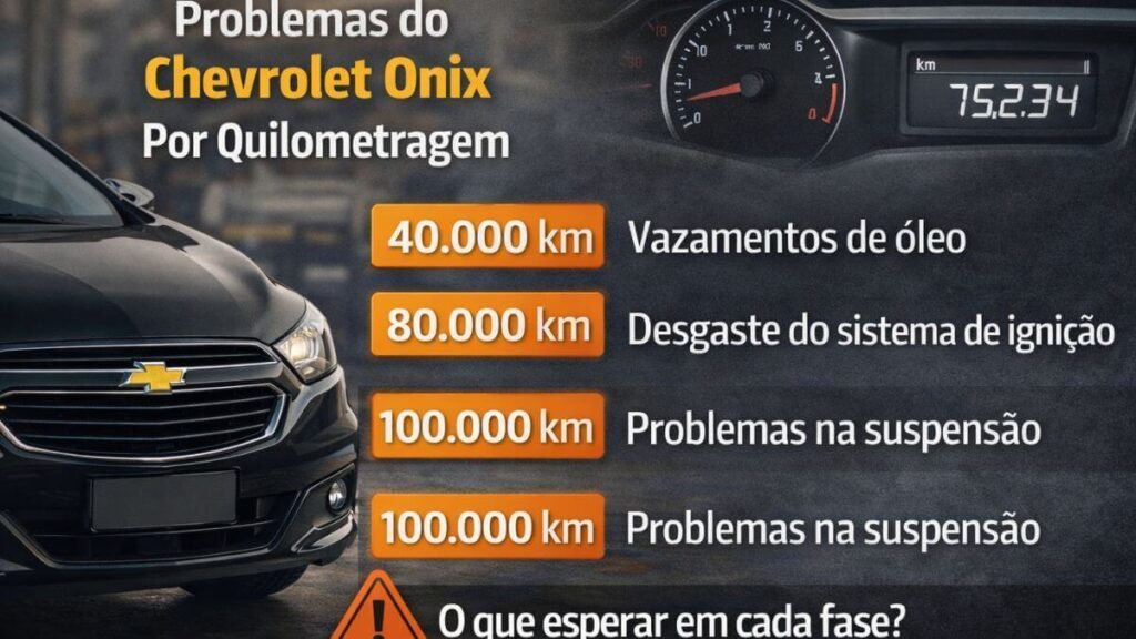 Chevrolet Onix em garagem com painel marcando quilometragem, ilustrando os problemas mais comuns do modelo conforme o aumento da quilometragem