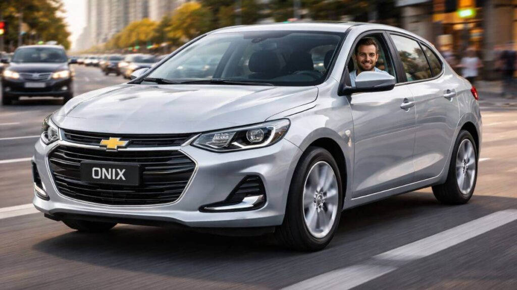 Chevrolet Onix no trânsito urbano com motorista sorrindo ao volante em cenário de cidade.