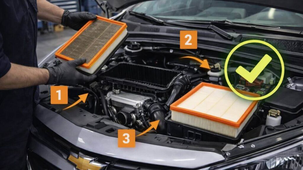 Troca do filtro de ar do motor do Chevrolet Onix passo a passo durante manutenção preventiva