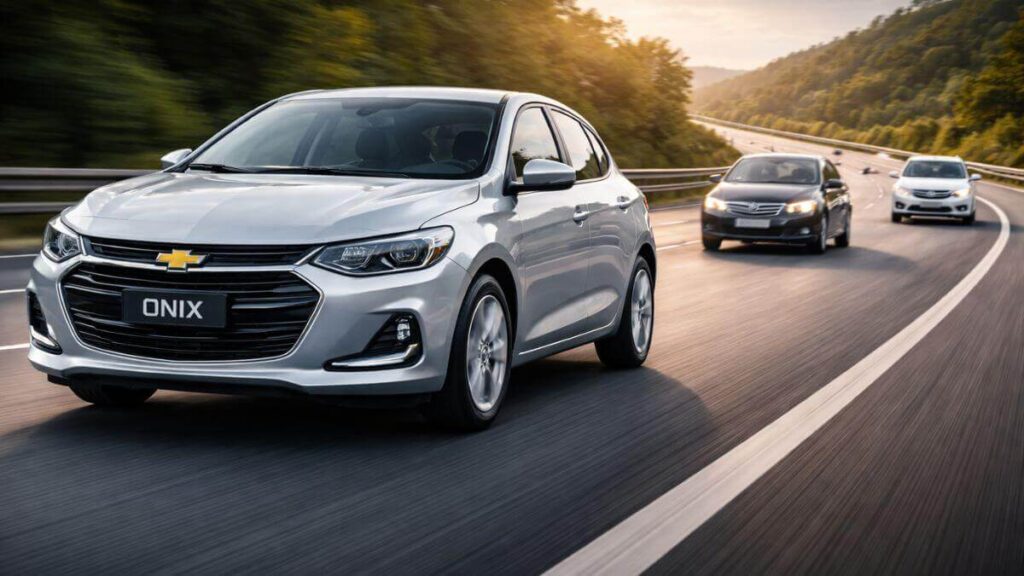 Chevrolet Onix realizando ultrapassagem segura em rodovia, destacando desempenho e estabilidade na estrada.