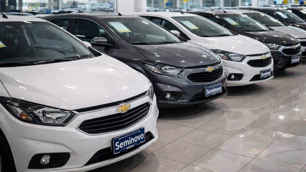 Vários Chevrolet Onix usados expostos em loja de revenda, destacando o mercado de seminovos e o impacto do IPVA