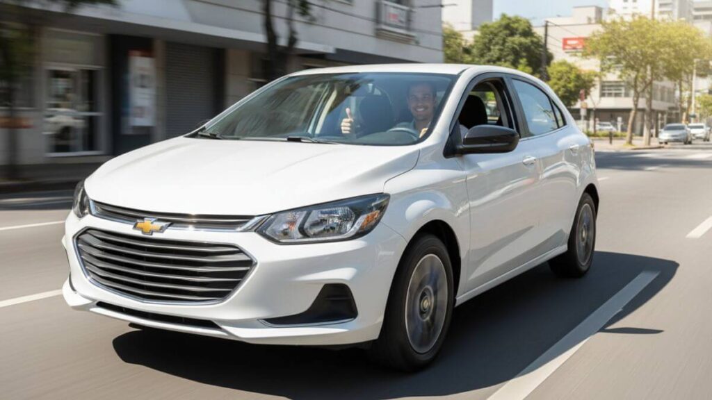 Chevrolet Onix branco dirigindo em área urbana com motorista sorridente e feliz ao volante.