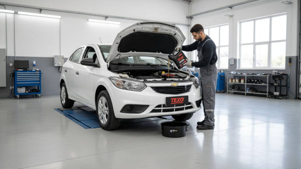 Mecânico realizando troca de óleo em Chevrolet Onix branco com capô aberto em oficina limpa e espaçosa, usando óleo TEXO 5W30