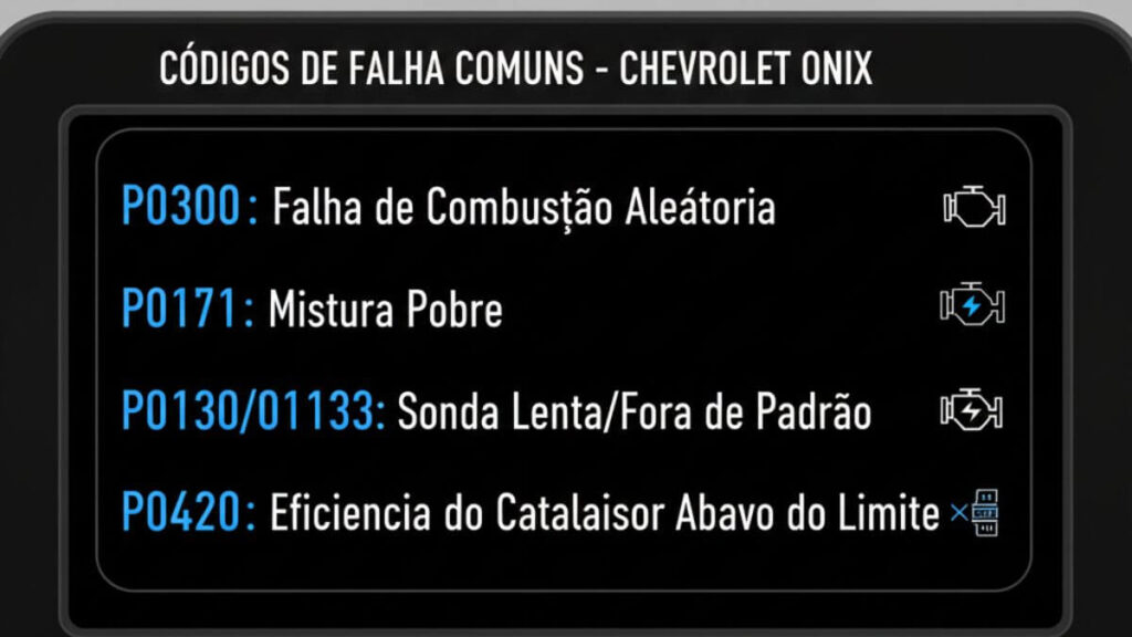 Infográfico em tela digital listando os códigos de erro OBD2 mais comuns do Chevrolet Onix: P0300 (Falha de Combustão), P0171 (Mistura Pobre), P0130/P0133 (Sonda Lenta) e P0420 (Eficiência do Catalisador).