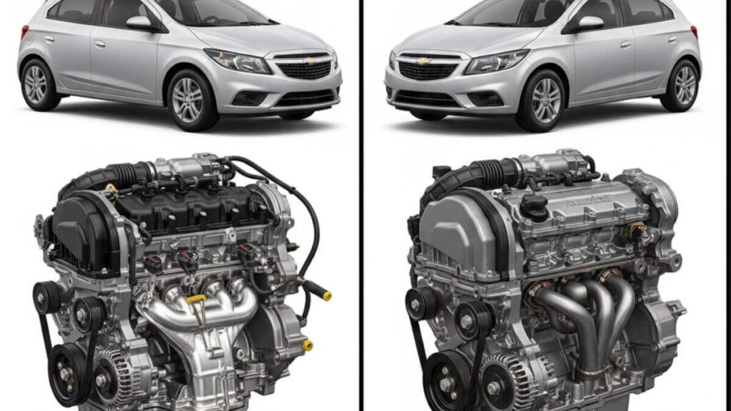 Infográfico dividido verticalmente comparando as motorizações do Chevrolet Onix 2015. No lado esquerdo, o título 'MOTOR 1.0' acima de uma ilustração técnica do motor e a imagem do carro. No lado direito, o título 'MOTOR 1.4' com seu respectivo motor e veículo. No topo, uma faixa preta com o texto: 'ARQUITETURA DO MOTOR - ONIX 1.0 VS 1.4'.