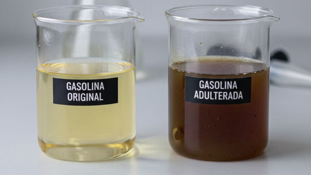 Comparativo em laboratório com dois béqueres de vidro sobre uma mesa branca. O béquer da esquerda contém gasolina original, límpida e de cor amarelada clara, com o rótulo 'GASOLINA ORIGINAL'. O béquer da direita contém gasolina adulterada, de cor escura, turva e amarronzada, com o rótulo 'GASOLINA ADULTERADA'. No rodapé, uma faixa preta com o texto: 'QUALIDADE DO COMBUSTÍVEL: ORIGINAL vs. ADULTERADA