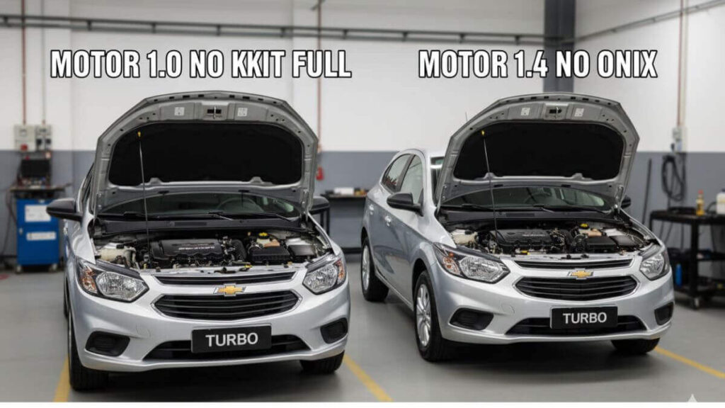 Dois carros Chevrolet Onix prata de 2015 estacionados lado a lado em uma oficina limpa e bem iluminada. Ambos estão com o capô aberto, revelando os motores. Acima do primeiro carro, o texto indica 'MOTOR 1.0 NO KIT FULL' e, acima do segundo, 'MOTOR 1.4 NO ONIX'.
