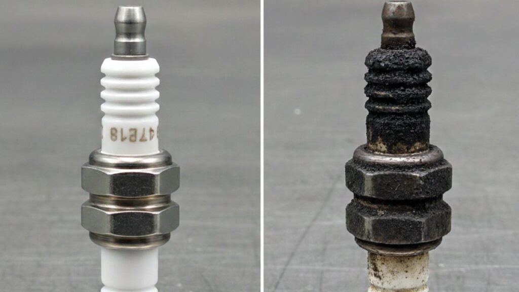 Montagem comparativa horizontal de duas velas de ignição. À esquerda, uma vela nova e limpa com isolador de cerâmica branco, rotulada como 'VELA DE IGNICIÓN PERFETA'. À direita, uma vela severamente desgastada e coberta por resíduos pretos de fuligem, rotulada como 'VELA DE IGNICIÓN CARBONIZADA'. No topo, o título diz: 'VELAS DE IGNIGIION: PONTO IDEAL VS. CARBONIZATION'.