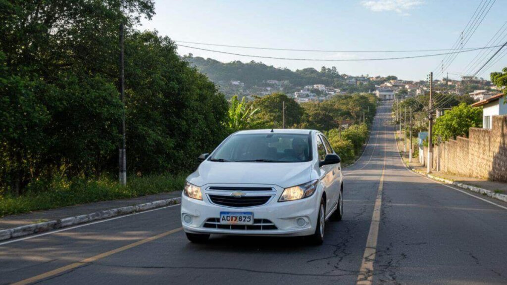 Chevrolet Onix branco em movimento subindo uma ladeira íngreme em uma estrada asfaltada, com vegetação lateral e céu azul, ilustrando resistência mecânica.