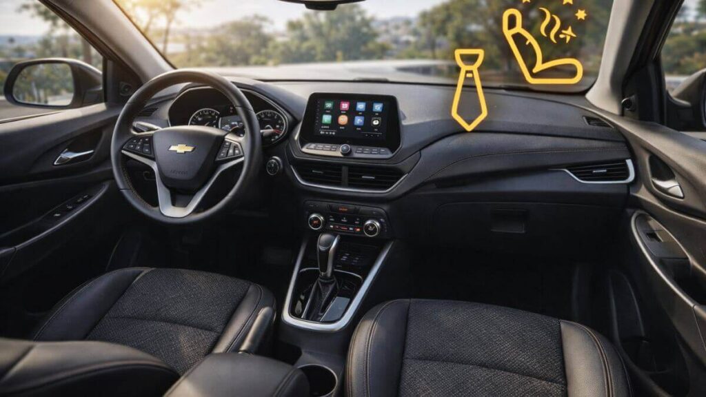 Interior do Chevrolet Onix destacando conforto, acabamento moderno e tecnologia do painel em ambiente iluminado.