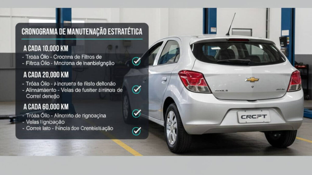 Infográfico horizontal em formato 16:9 mostrando o cronograma de manutenção para o Chevrolet Onix 2015. À direita, a traseira de um Onix prata em uma oficina; à esquerda, uma lista detalhada com os marcos de 10 mil, 20 mil e 60 mil quilômetros.