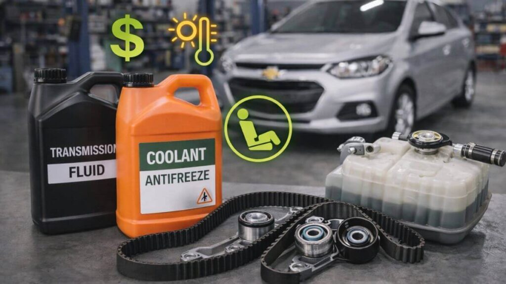 Chevrolet Onix em oficina com foco em manutenção avançada, incluindo correia dentada, sistema de arrefecimento e verificação de fluidos para economia e conforto.