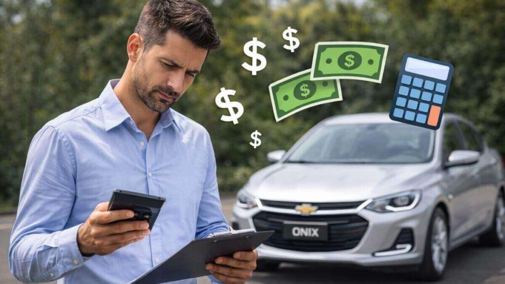 Proprietário do Chevrolet Onix analisando custos do veículo com calculadora, com o carro ao fundo.