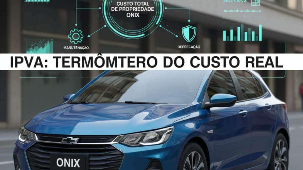Chevrolet Onix azul estacionado em uma rua urbana. Acima do carro, um infográfico circular conecta o IPVA a outros custos como manutenção, combustível e depreciação, com o título 'IPVA: Termômetro do Custo Real