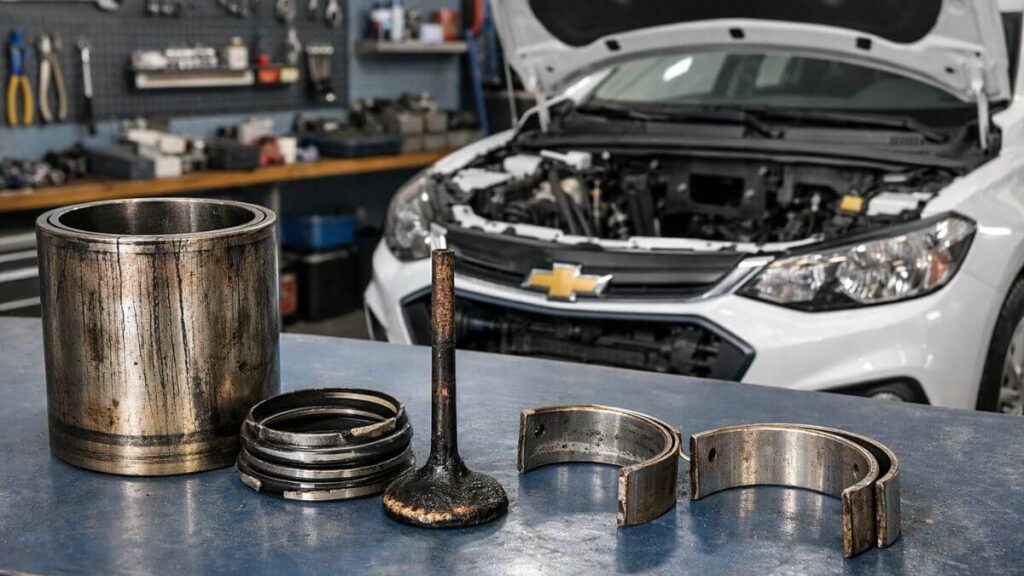 Peças internas do motor do Chevrolet Onix desgastadas sobre bancada de oficina com o carro ao fundo sem motor no cofre
