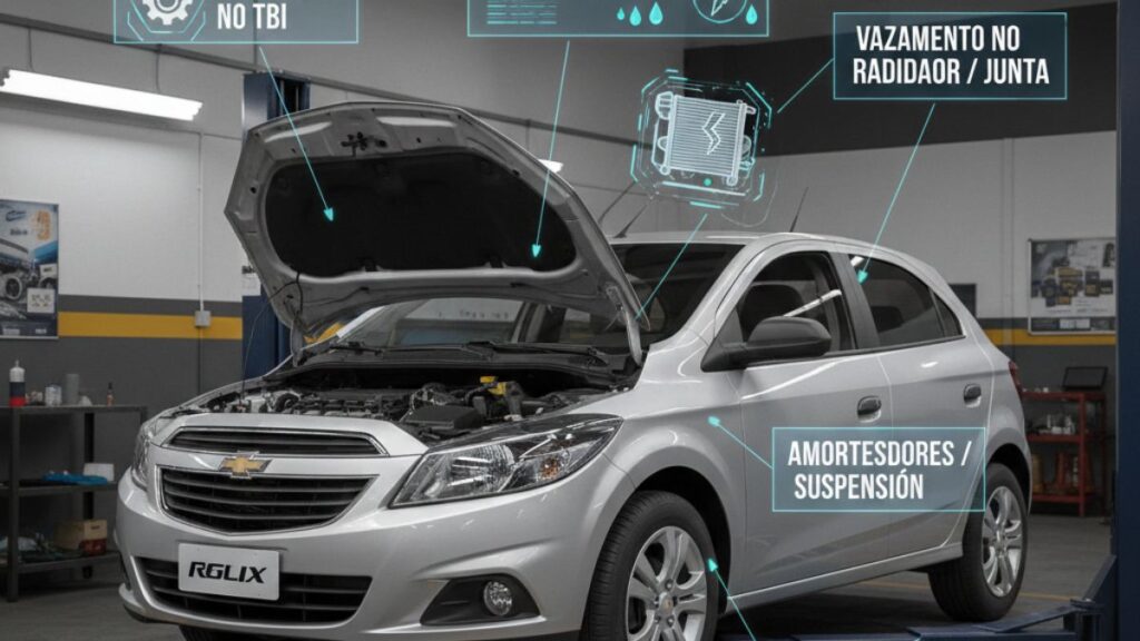 Infográfico de um Chevrolet Onix prata com o capô aberto em uma oficina. Sobre a imagem, há etiquetas flutuantes com ícones e textos apontando para áreas críticas do carro, indicando defeitos comuns como: Desgaste no TBI, Vazamento no Radiador/Junta, Amortecedores/Suspensão e Homocinética/Coifa. No topo, uma faixa preta diz: 'DIAGNÓSTICO REAL - DEFEITOS COMUNS NO ONIX'