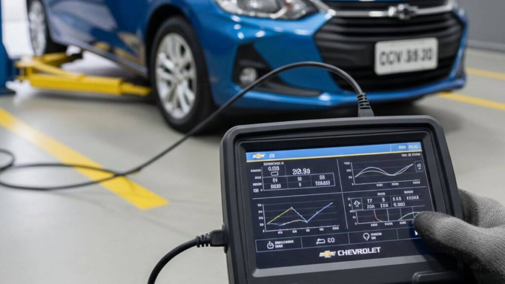 Scanner automotivo profissional em primeiro plano exibindo gráficos e dados de leitura em tempo real, com um Chevrolet Onix azul posicionado ao fundo em um elevador de oficina mecânica.