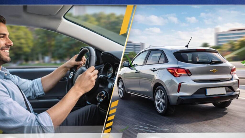 Economia real no dia a dia com Chevrolet Onix — motorista abastecendo menos e fazendo manutenção simples enquanto o carro permanece limpo e bem cuidado.