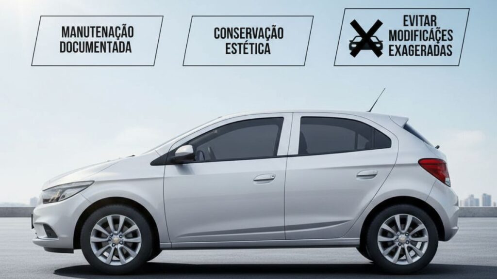 Infográfico horizontal mostrando um Chevrolet Onix 2015 prata de perfil. Acima do carro, três quadros brancos com os textos: "Manutenção Documentada", "Conservação Estética" e "Evitar Modificações Exageradas" acompanhado de um ícone de "X".