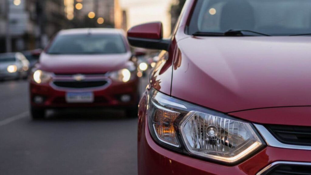Close-up detalhado do farol dianteiro de um Chevrolet Onix vermelho, com o corpo do veículo e o trânsito urbano desfocados ao fundo