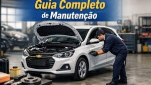 Chevrolet Onix com capô aberto em oficina enquanto mecânico analisa o motor e peças de manutenção ao lado