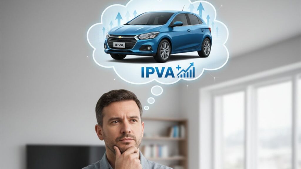 Um homem jovem com expressão pensativa e a mão no queixo. Acima de sua cabeça, um balão de pensamento exibe um Chevrolet Onix azul e o texto 'IPVA' acompanhado de um gráfico de crescimento, ilustrando a preocupação com o aumento do imposto.